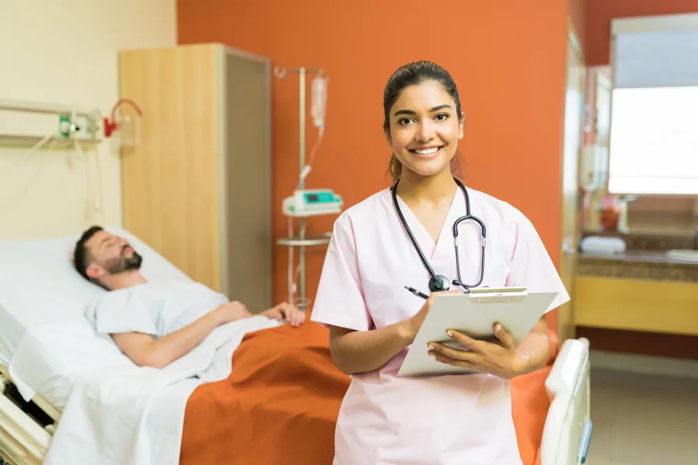 A doctor with a patient in a hospital ward