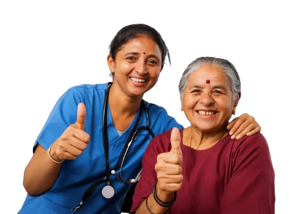 A smiling nurse and an elderly woman giving a thumbs up